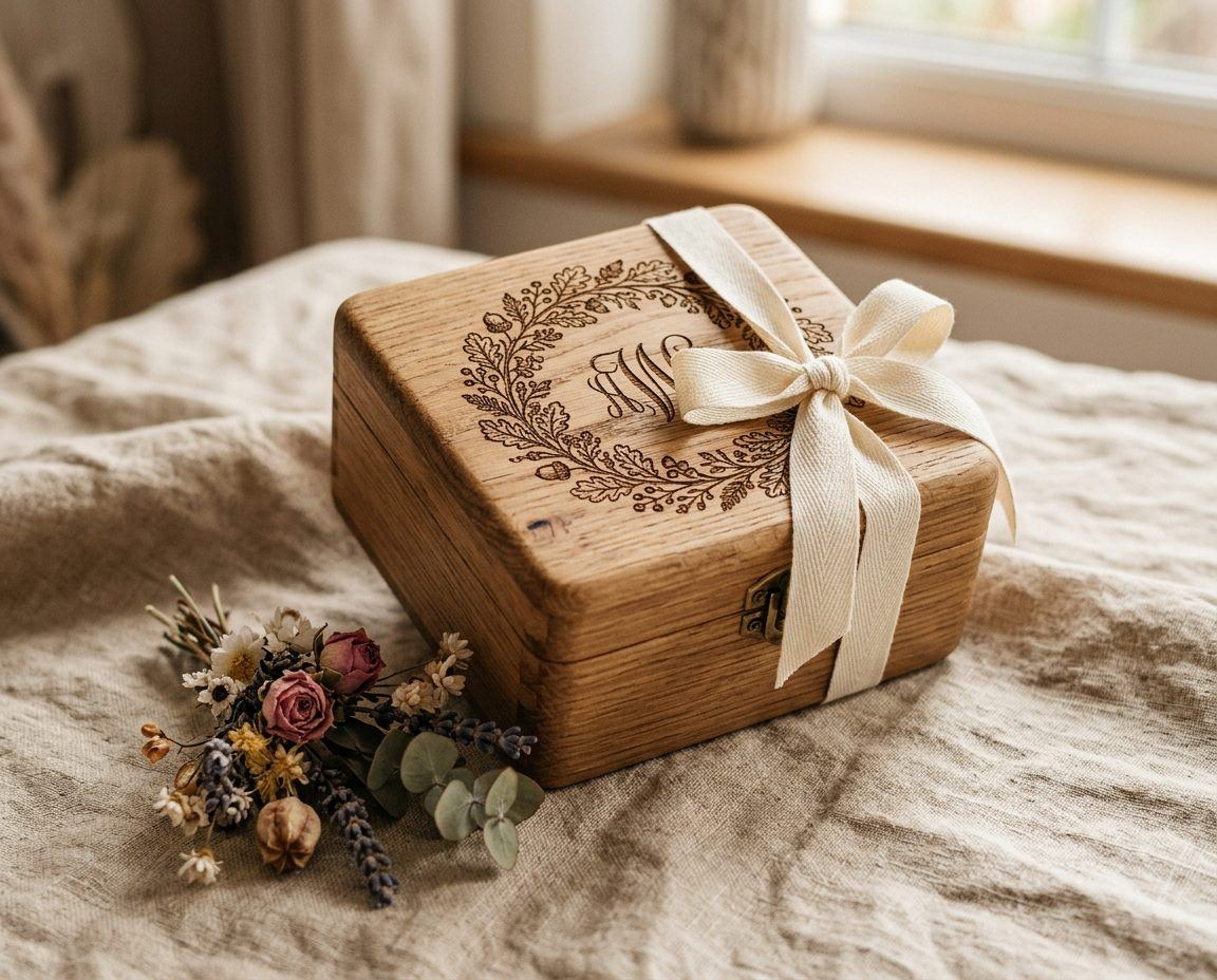 Gravierte Holzschatulle mit Monogramm und Schleife neben getrockneten Blumen