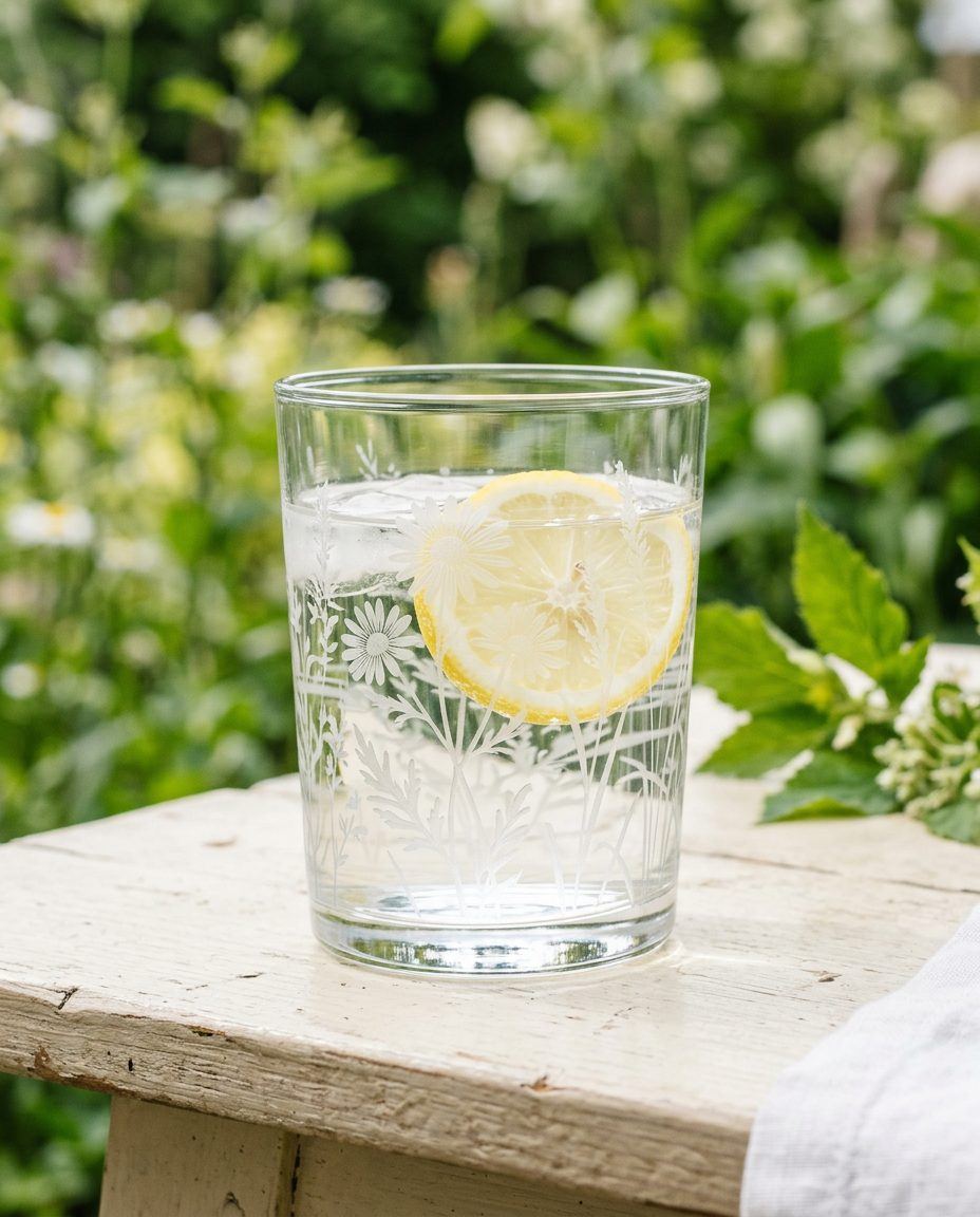 Trinkglas mit gravierten Gänseblümchen und Zitronenscheibe im Garten