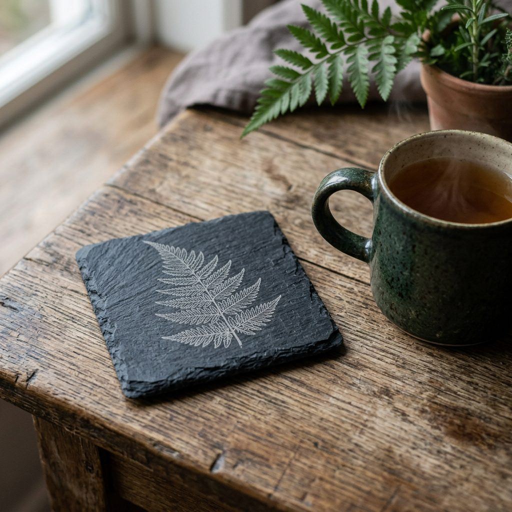 Schieferuntersetzer mit graviertem Farnblatt neben einer Teetasse
