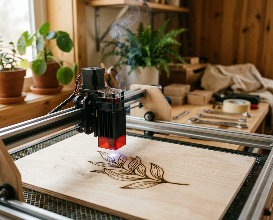 Diodenlaser graviert ein Blattmotiv in eine Holzplatte